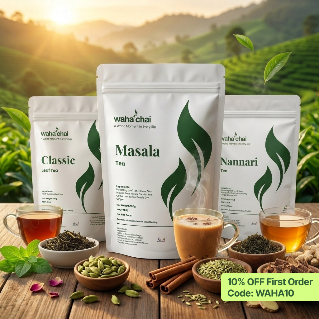 Waha Tea Combo Pack (3-in-1) – Classic Leaf Tea, Masala Tea & Nannari Tea in White Pouches | Buy Online