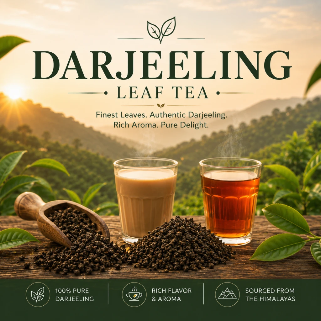 Premium Darjeeling leaf tea with milk tea and black tea in a Himalayan tea garden.