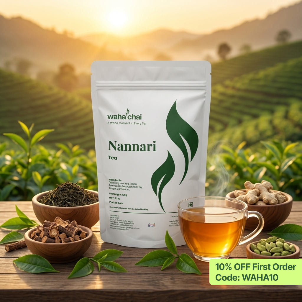 Waha Nannari Tea – Darjeeling Tea with Indian Sarsaparilla Root (Nannari), Cardamom and Dry Ginger in White Pouch | Buy Online